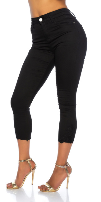 hoge taille jeans cropped met kant details zwart